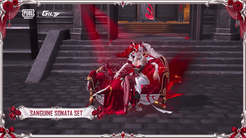 The official promo shows the character elegantly seated in a red European-style chaise longue, playing with a red rose. The background features a throne and a blood moon outside the window.  